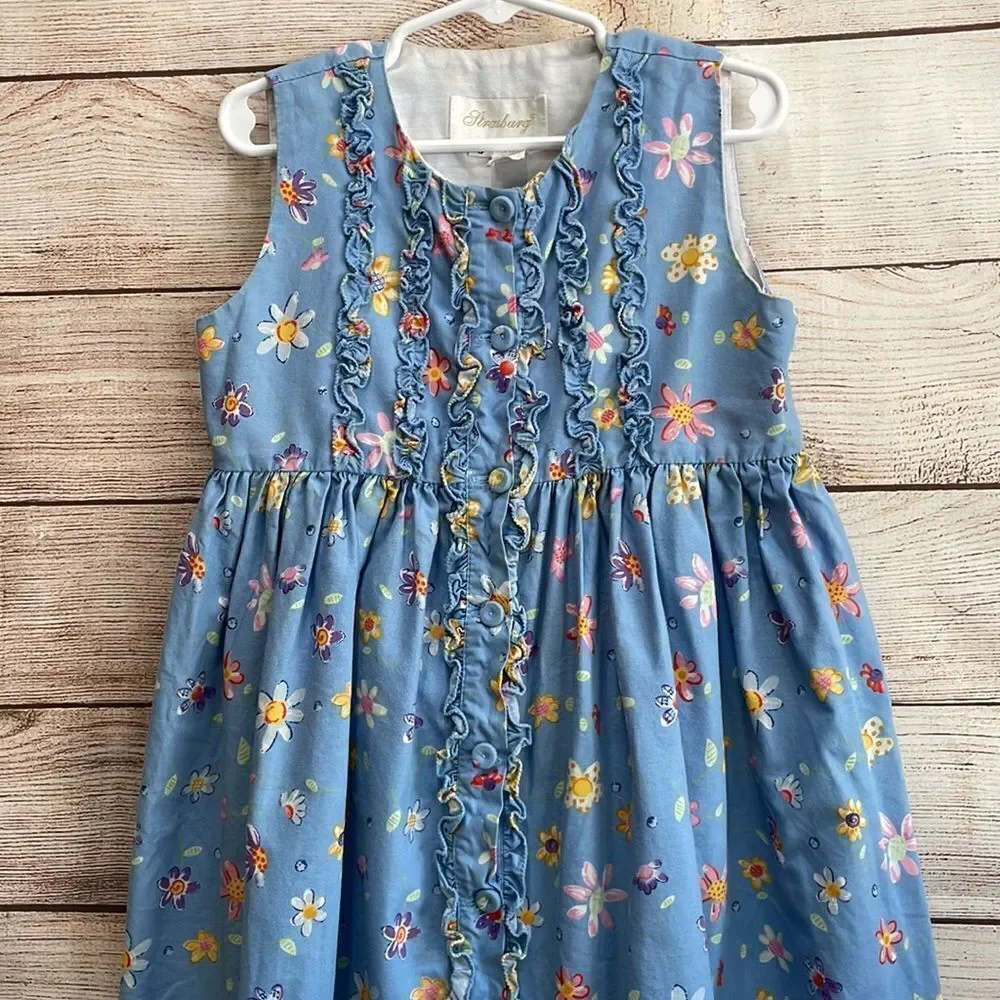 VINTAGE STRASBURG RUFFLE‎ FRONT DRESS IN BLUE FLORAL PRINT